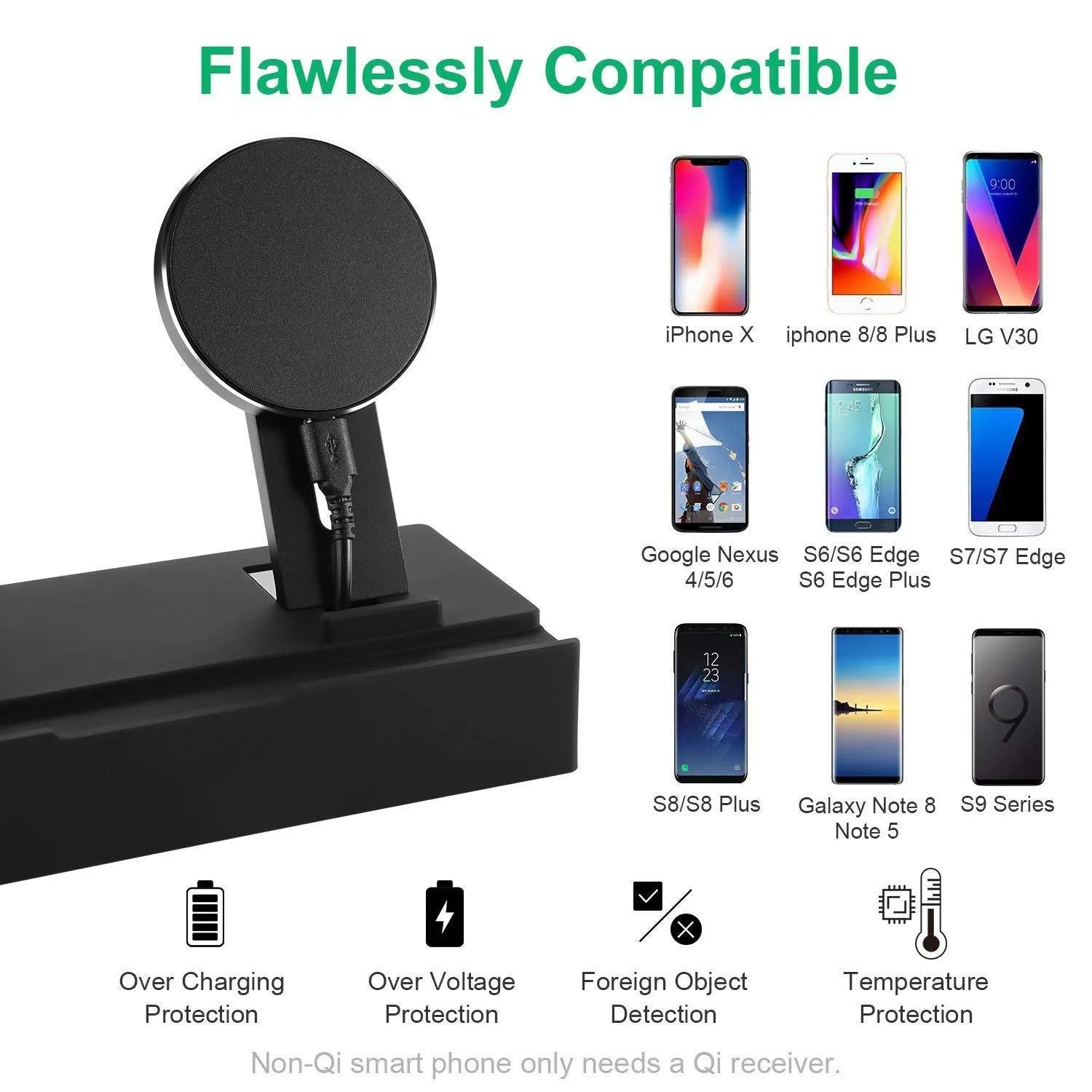 Black eight-in-one wireless charging station with bracket design showing five USB ports and wireless charging pad