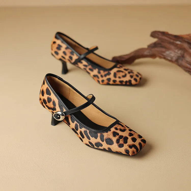 Women's black square toe stiletto heels with horse hair upper and ankle strap.