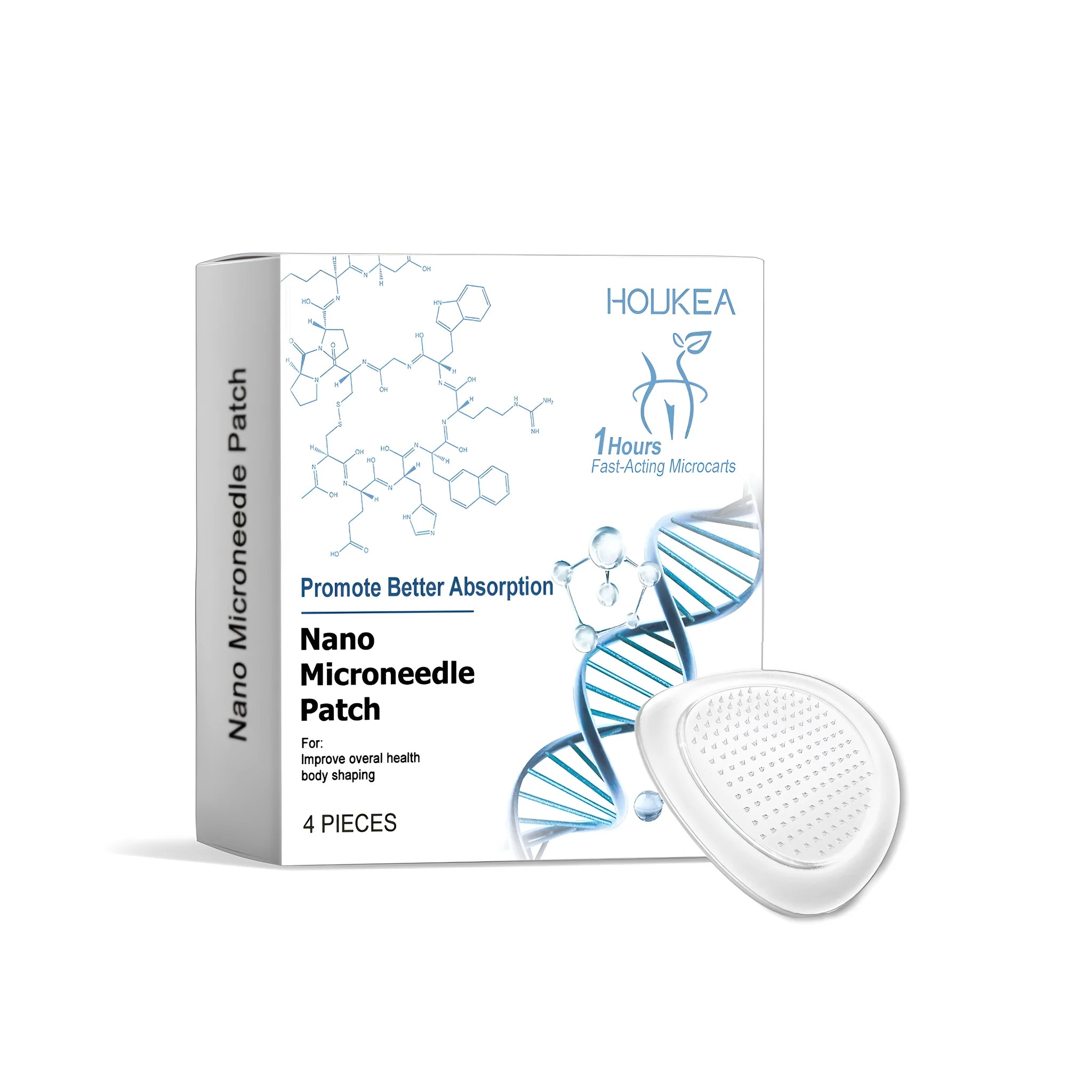Four nano-microneedle skin patches in packaging with botanical ingredients listed.