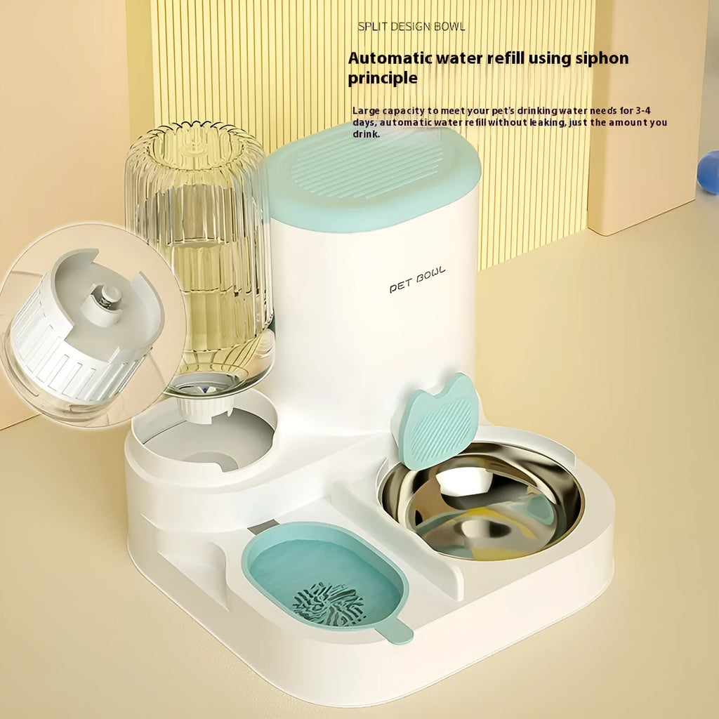 Automatic cat water fountain with two stainless steel feeding bowls in plastic housing