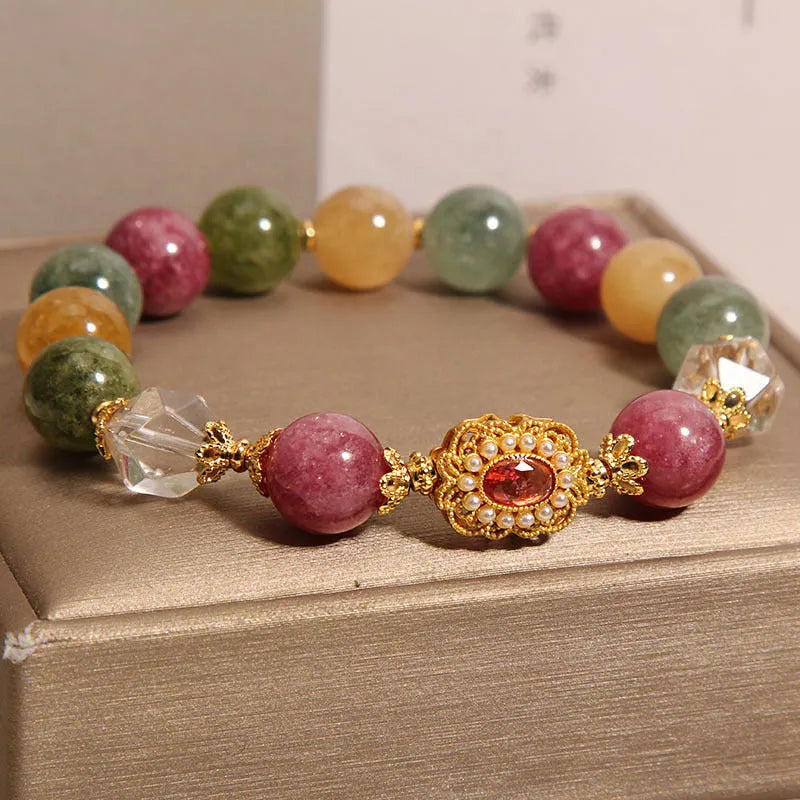 Jade colour tourmaline bracelet for women with round beads on crystal base and rhinestone accents