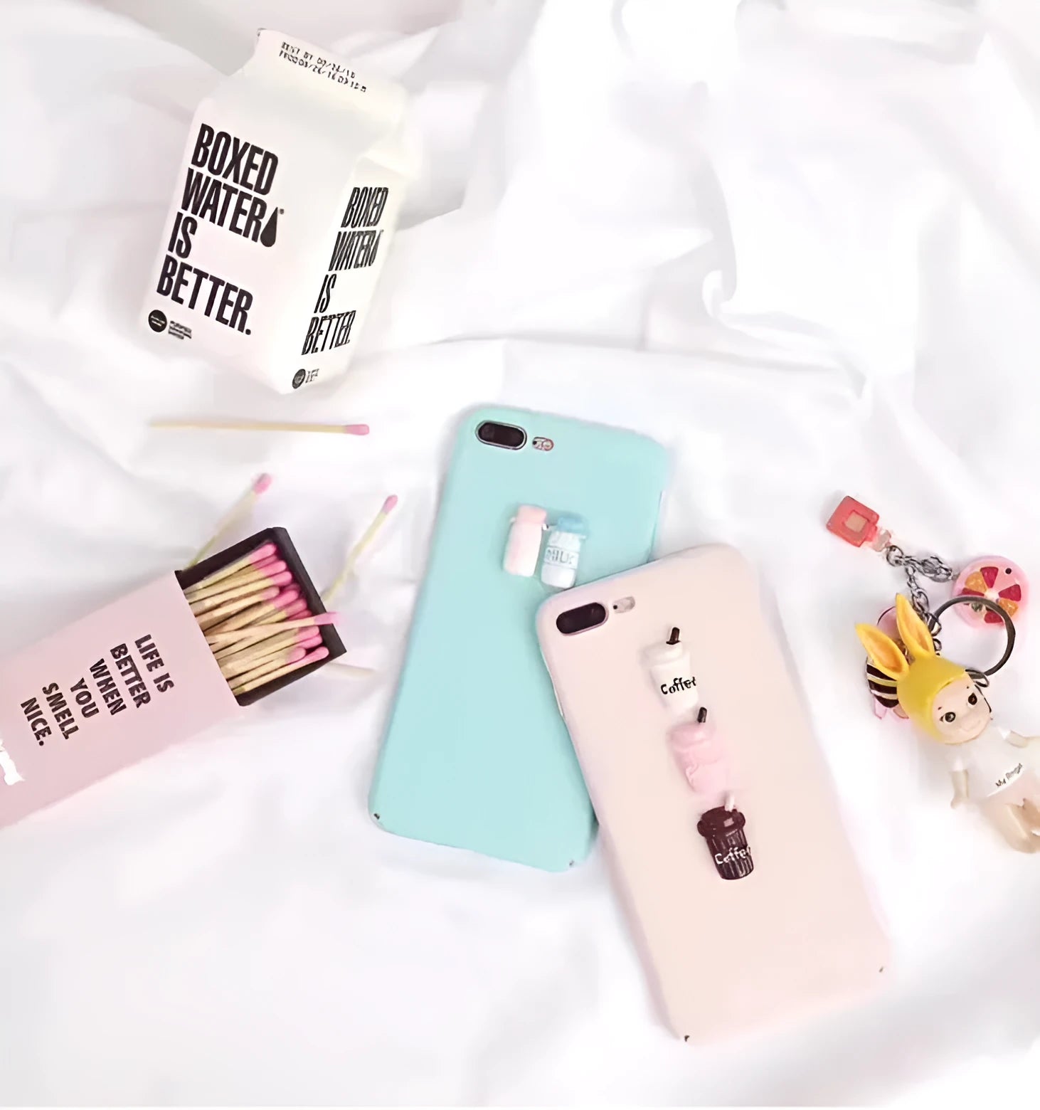 Frosted mobile phone case with 3D baby bottle and coffee cup design in turquoise
