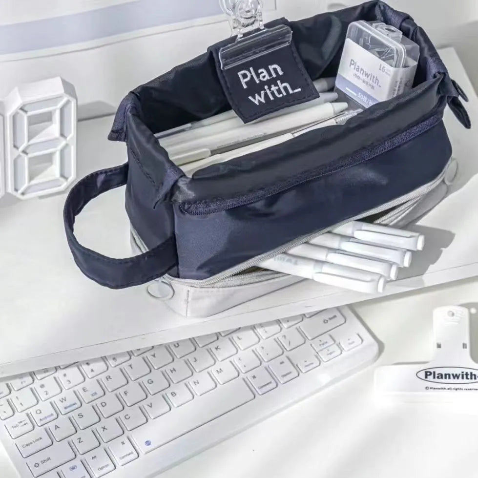 Double layer folding student pencil case in polyester available in navy blue, blue, and cream white colours