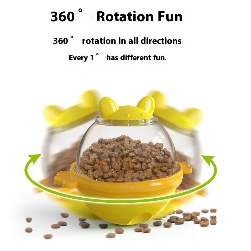 Yellow lake blue TPR dog food tumbler toy measuring 11.2 x 13.9 x 12.2 cm