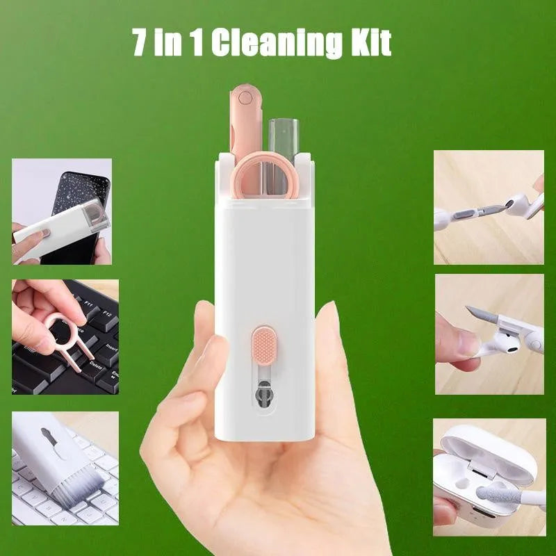 Multifunction electronics cleaning kit with foldable pen, spray bottle, brush, and keycap puller on a white background.