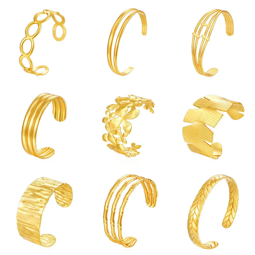 Gold open-ended stainless steel bracelet for women, geometric 13g cuff by Twilight Mountain