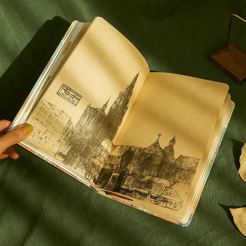 A5 kraft paper notebook with European retro illustrations open to show colour pages