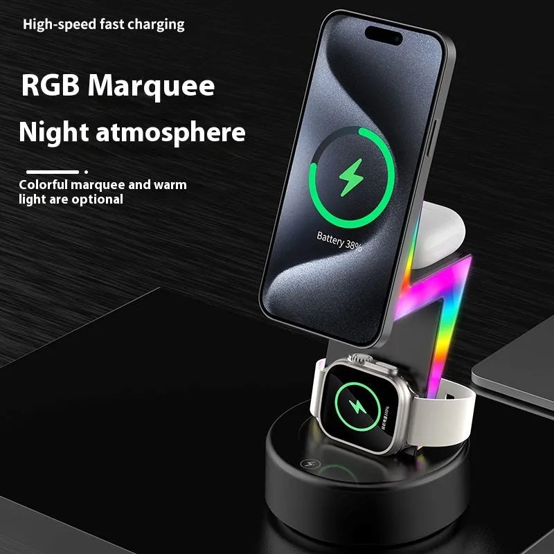 Lightning three-in-one wireless charger for mobile phone watch and headset in black finish