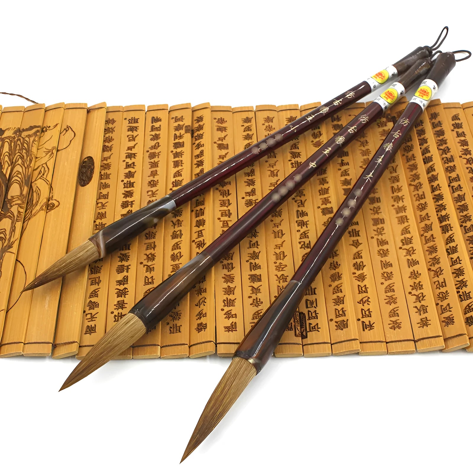 Traditional Chinese calligraphy brush set with wolf hair bristles and steel rod shafts in multiple sizes