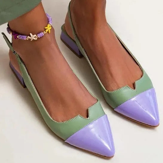 Women's pointed toe low heel pumps with colour matching, chunky heel under 3cm, PU upper, sizes 34-43