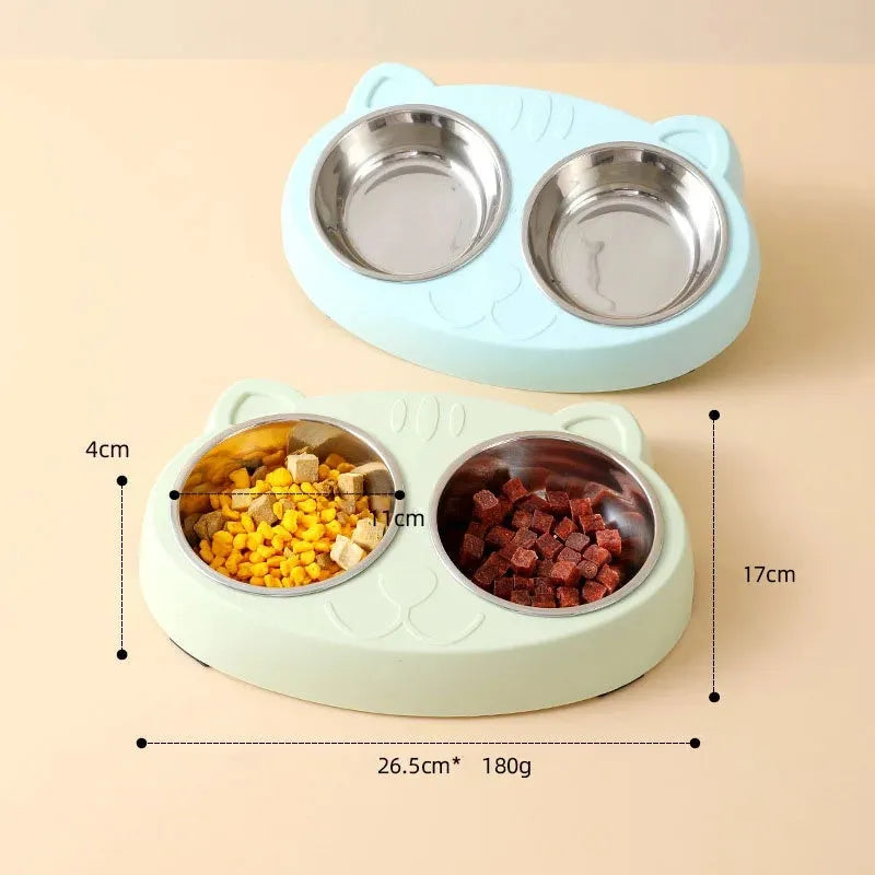 Blue plastic pet feeder tray with two bowls for cat or dog food and water