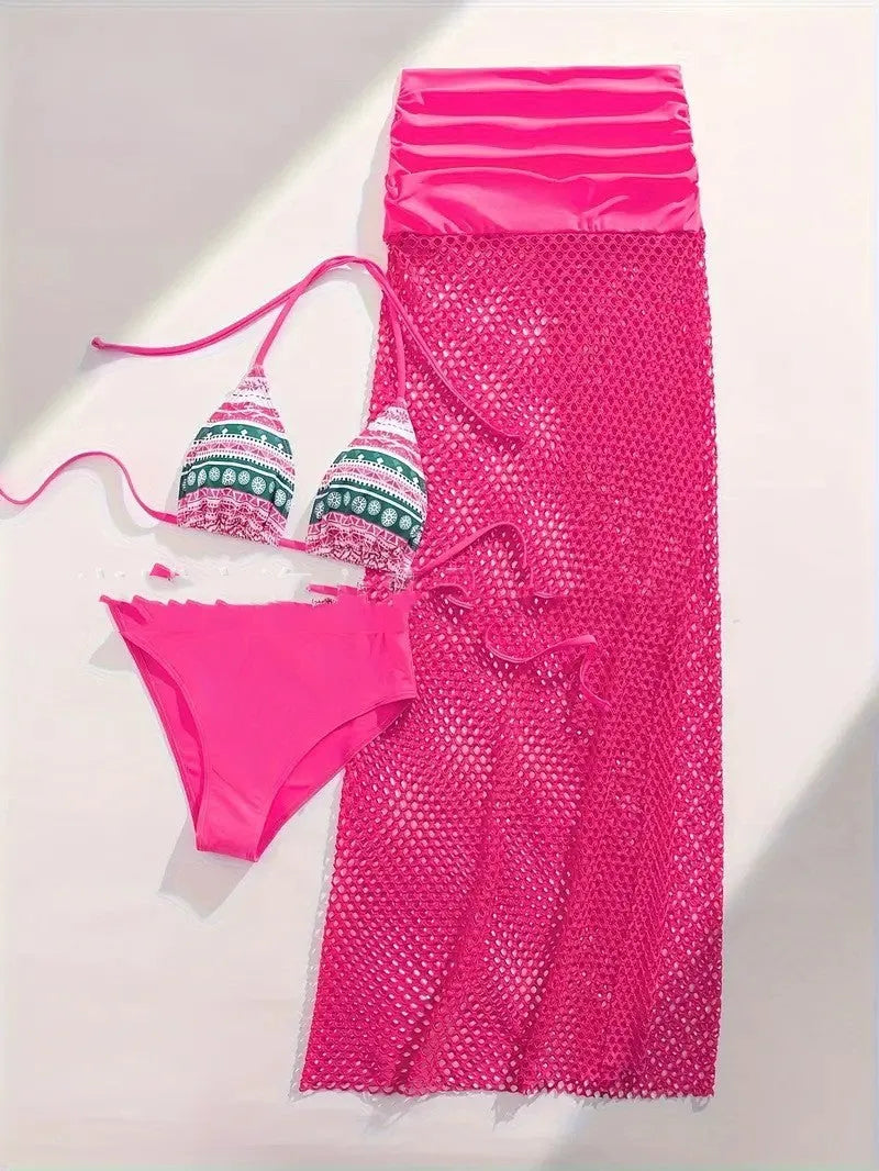 Women's sexy gradient bikini and fishnet long skirt three-piece set in black