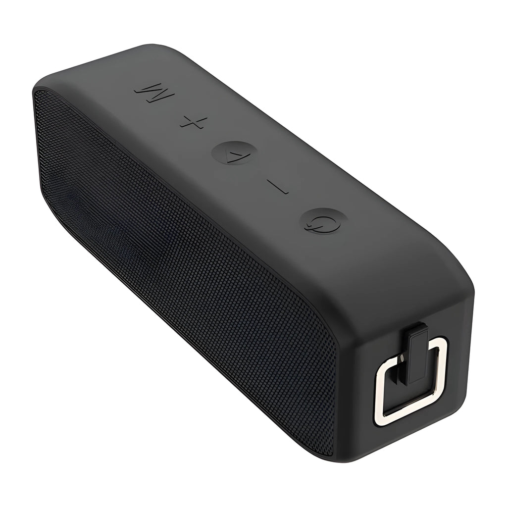 Black waterproof wireless Bluetooth speaker with button controls and USB port