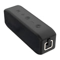 Black waterproof wireless Bluetooth speaker with button controls and USB port