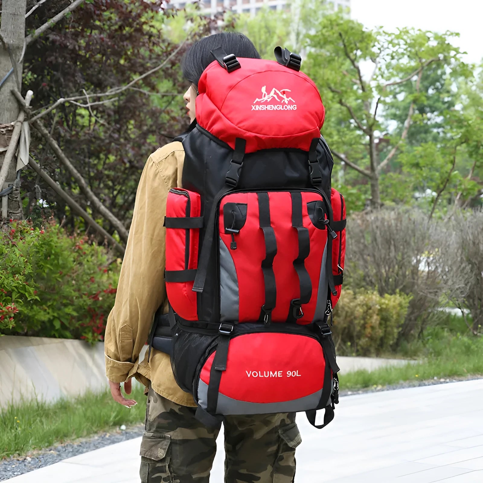 Men's outdoor hiking backpack in solid colour water-repellent nylon with adjustable straps