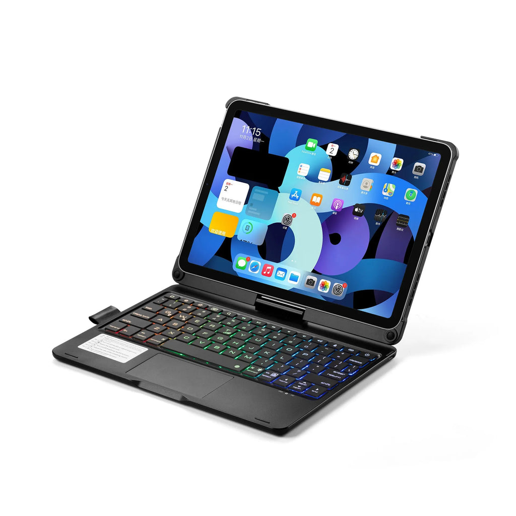 Rotating Bluetooth keyboard with touch backlight in black, silver, or rose gold for iPad tablets