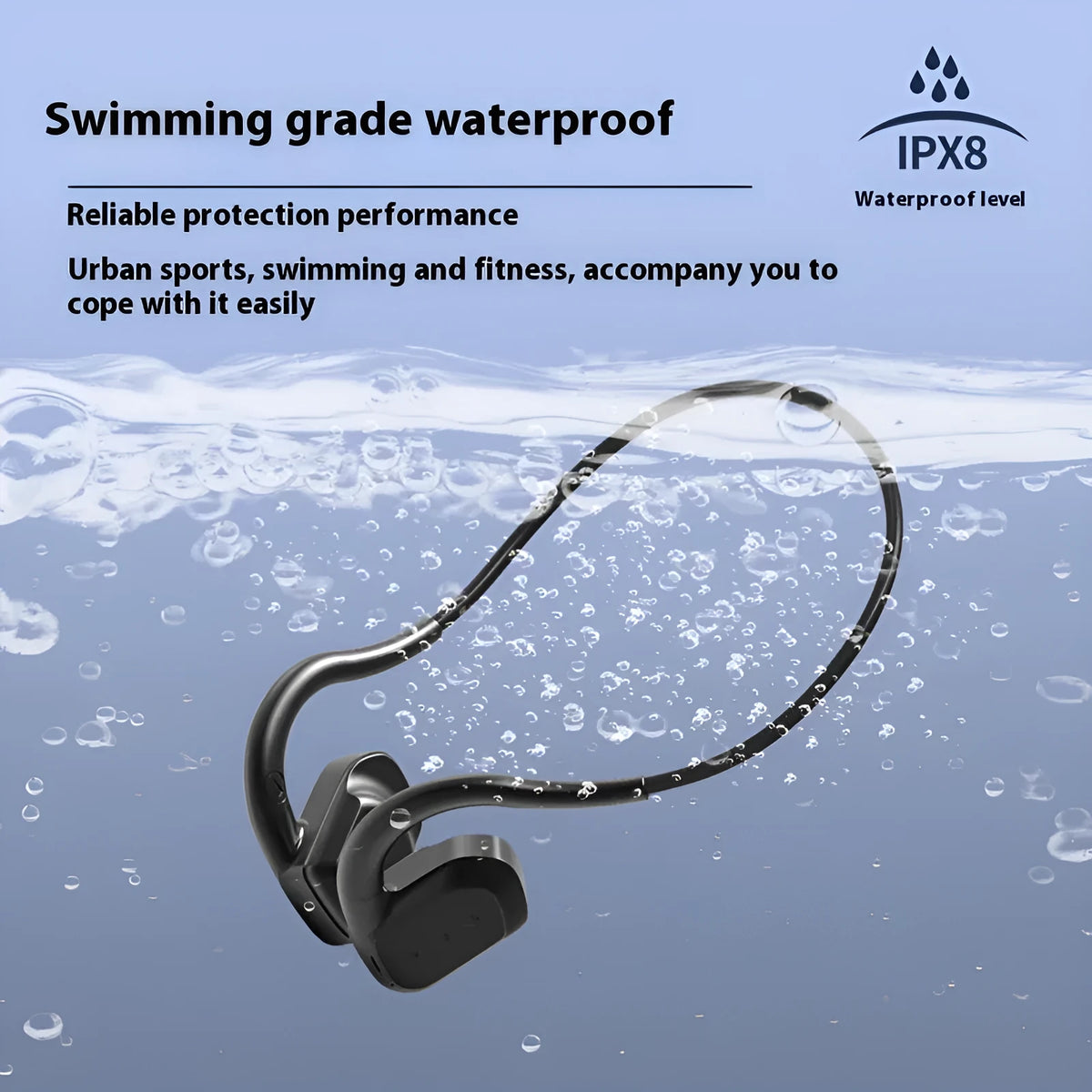 Bone conduction swimming Bluetooth headset in black or gray, ear-mounted plastic design, waterproof wireless audio