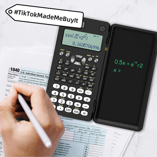 Versatile folding scientific calculator with integrated digital handwriting pad for seamless note-taking and calculations