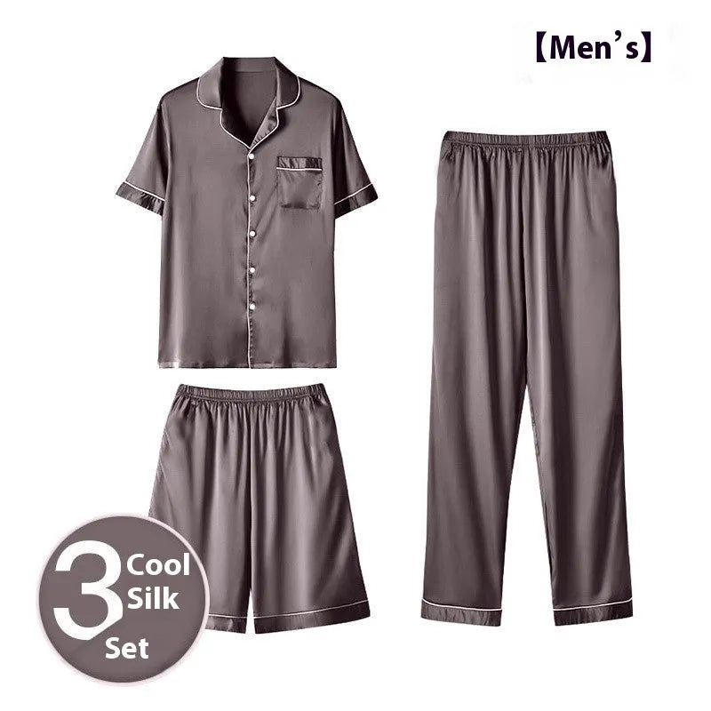 Men's black ice silk three-piece home wear suit showing pyjamas, shorts, and trousers on a hanger.