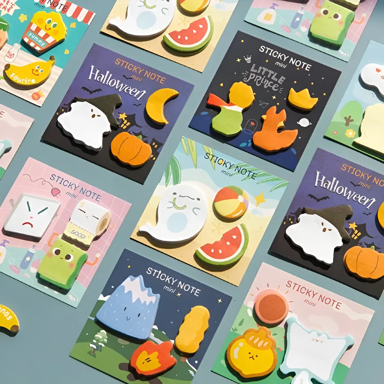 Halloween pumpkin pattern Post-it Notes showing square 90mm sticky notes with seasonal designs