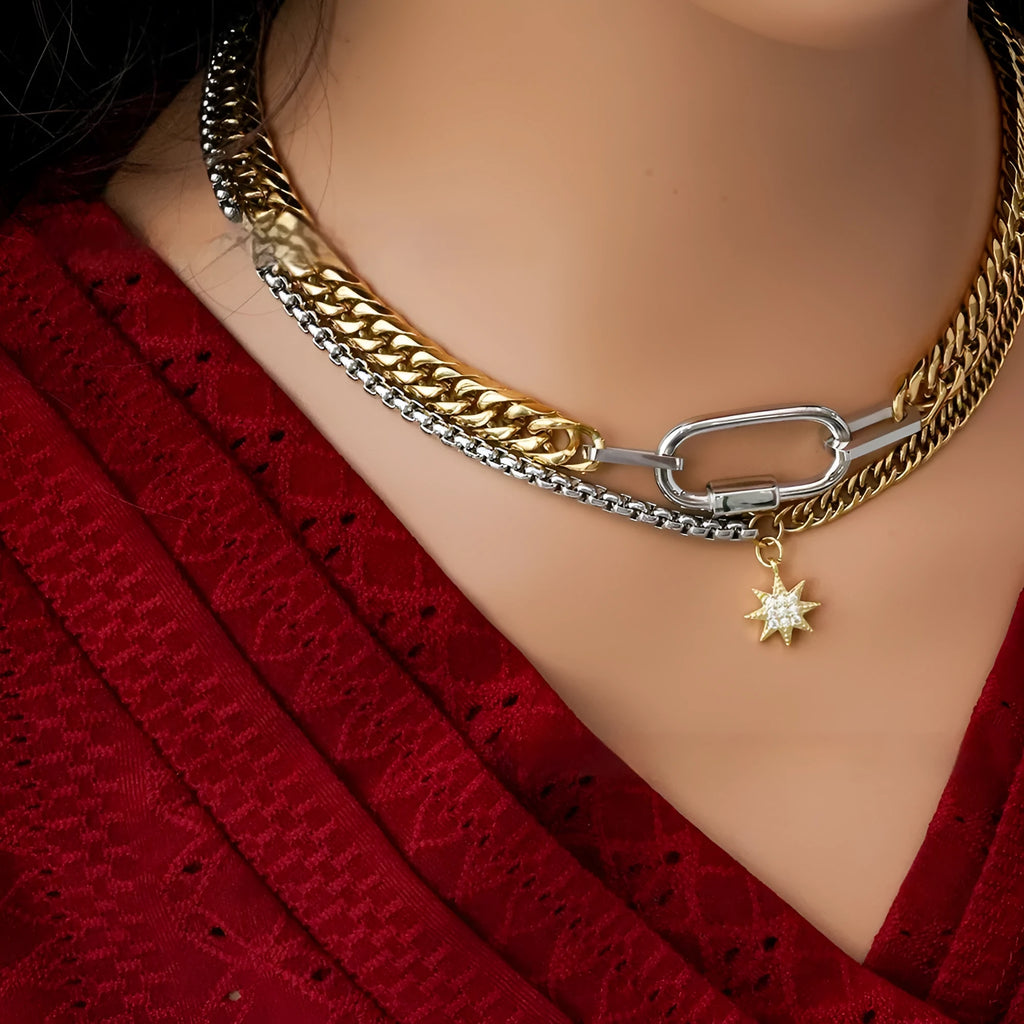 Gold dual-color patchwork pendant necklace on titanium steel chain, high polished finish