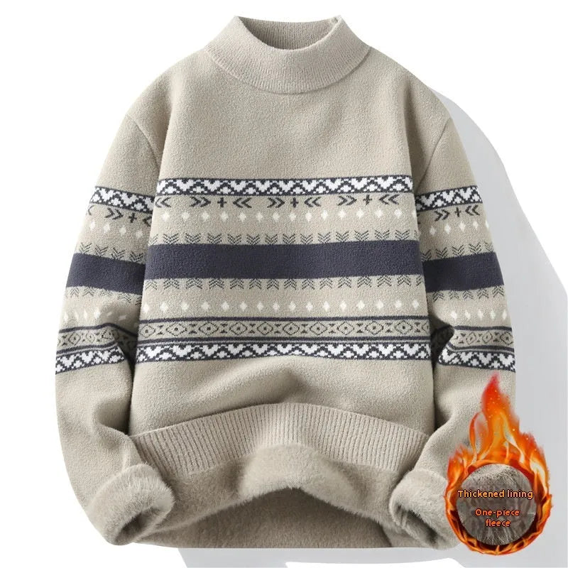 Men's mock neck knitted pullover sweater in modal and rabbit fur, long sleeve thickened straight fit, M to 4XL