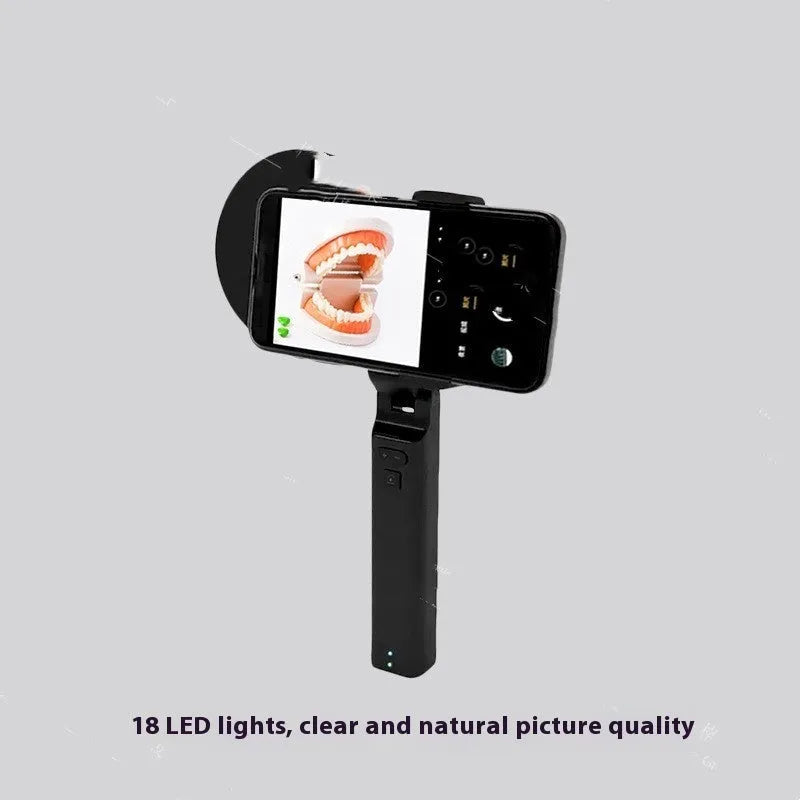 Black handheld LED fill light for mobile phone photography showing front view.