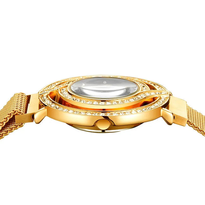 Quartz wrist watch with 32mm round alloy case, Milano mesh stainless steel strap, and magnet closure in golden blue dial option