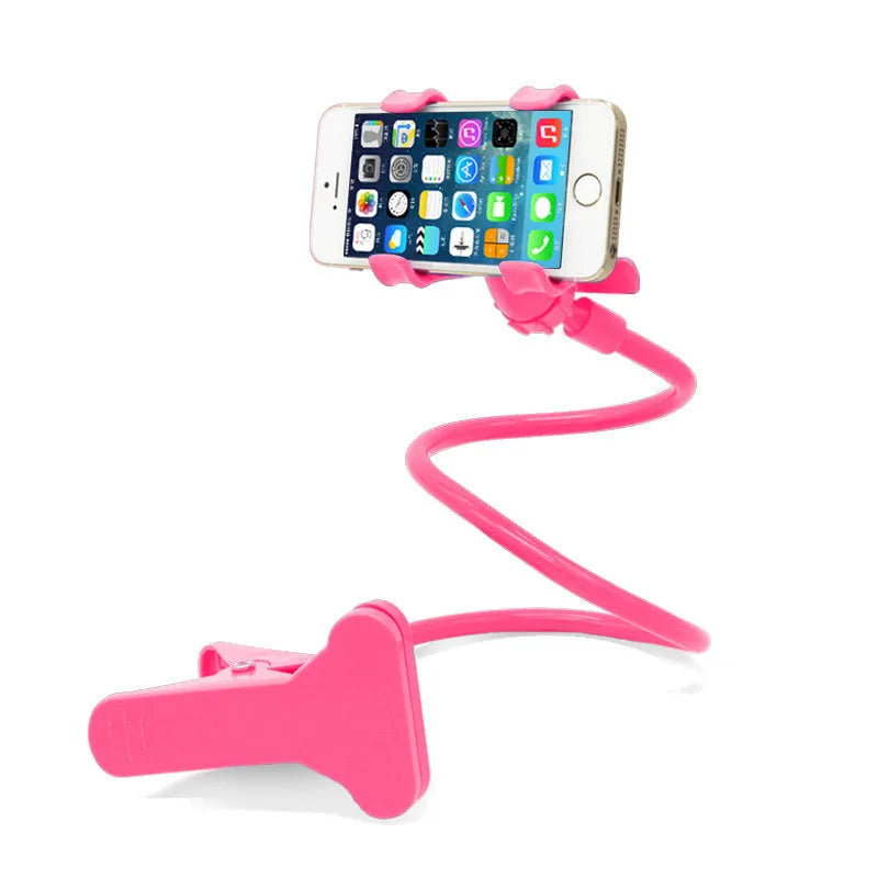 Black portable phone holder with long flexible arm and V-clip mounted on a bed frame.