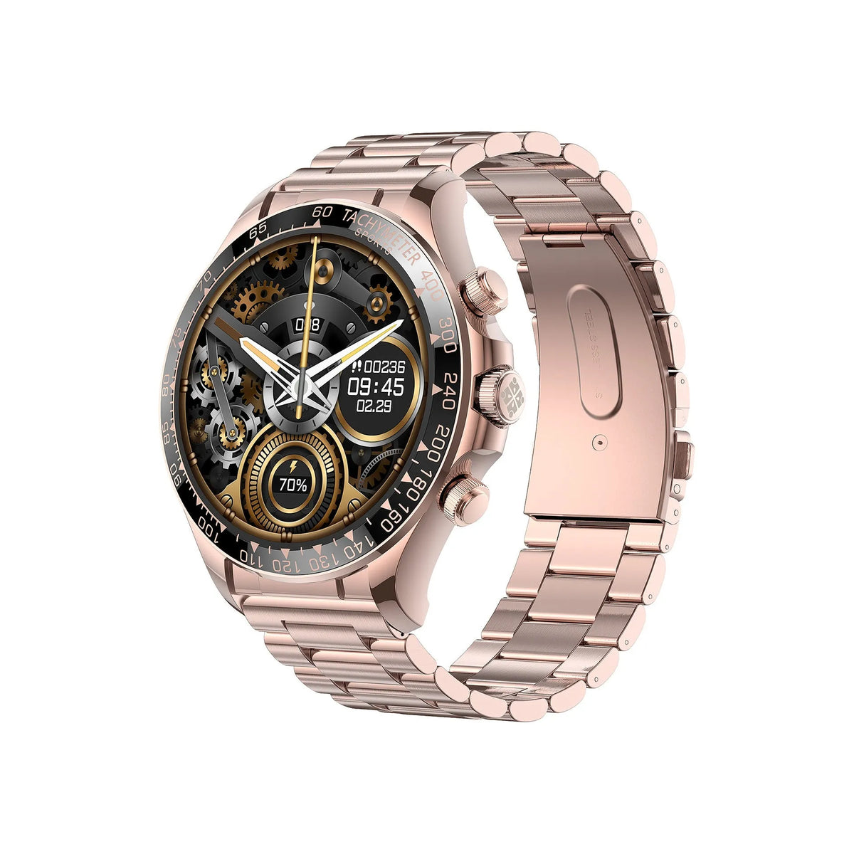 Round screen EX108 smart watch with Bluetooth calling, IPS display and three silicone watchbands in black, silver or rose gold.