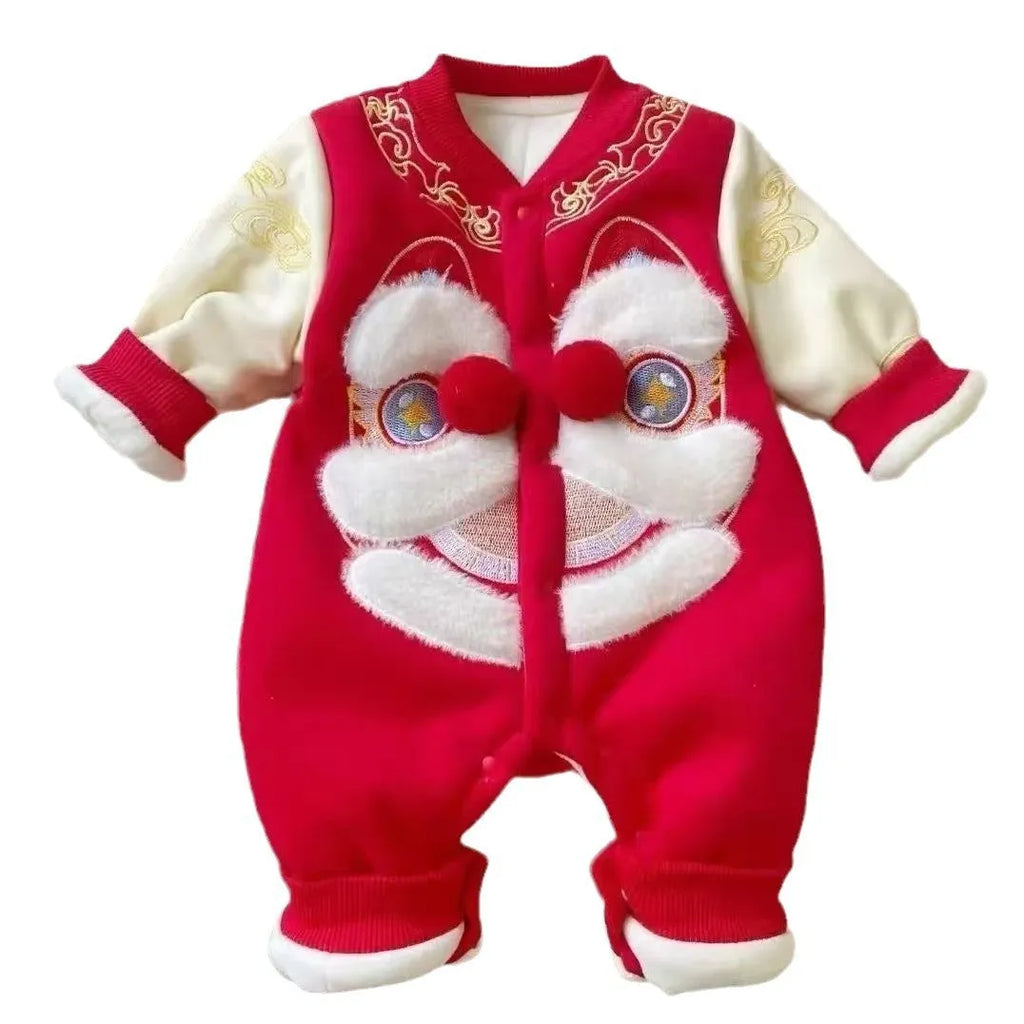 Red embroidered lion dance costume with velvet and cotton on display showing long climbing style