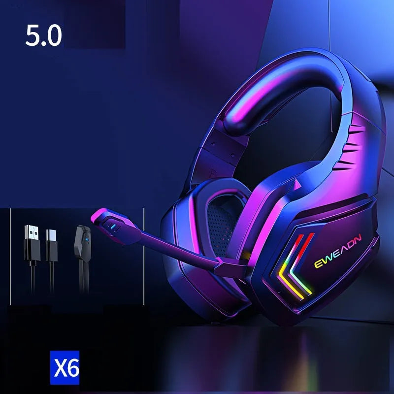 Black over-ear wireless Bluetooth headset with RGB LED lights and noise cancellation.
