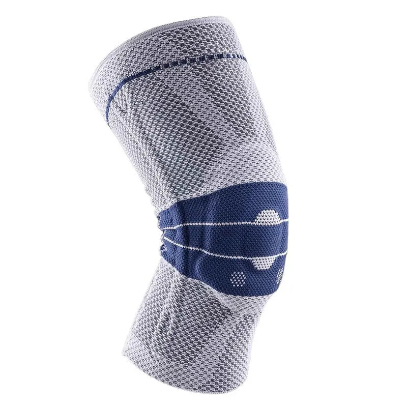 Adult sports knee pad in black and blue colour, made from nylon and spandex, shown on a knee.