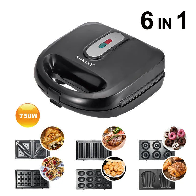 Black double-sided electric sandwich pan with brushed stainless steel lid on kitchen counter