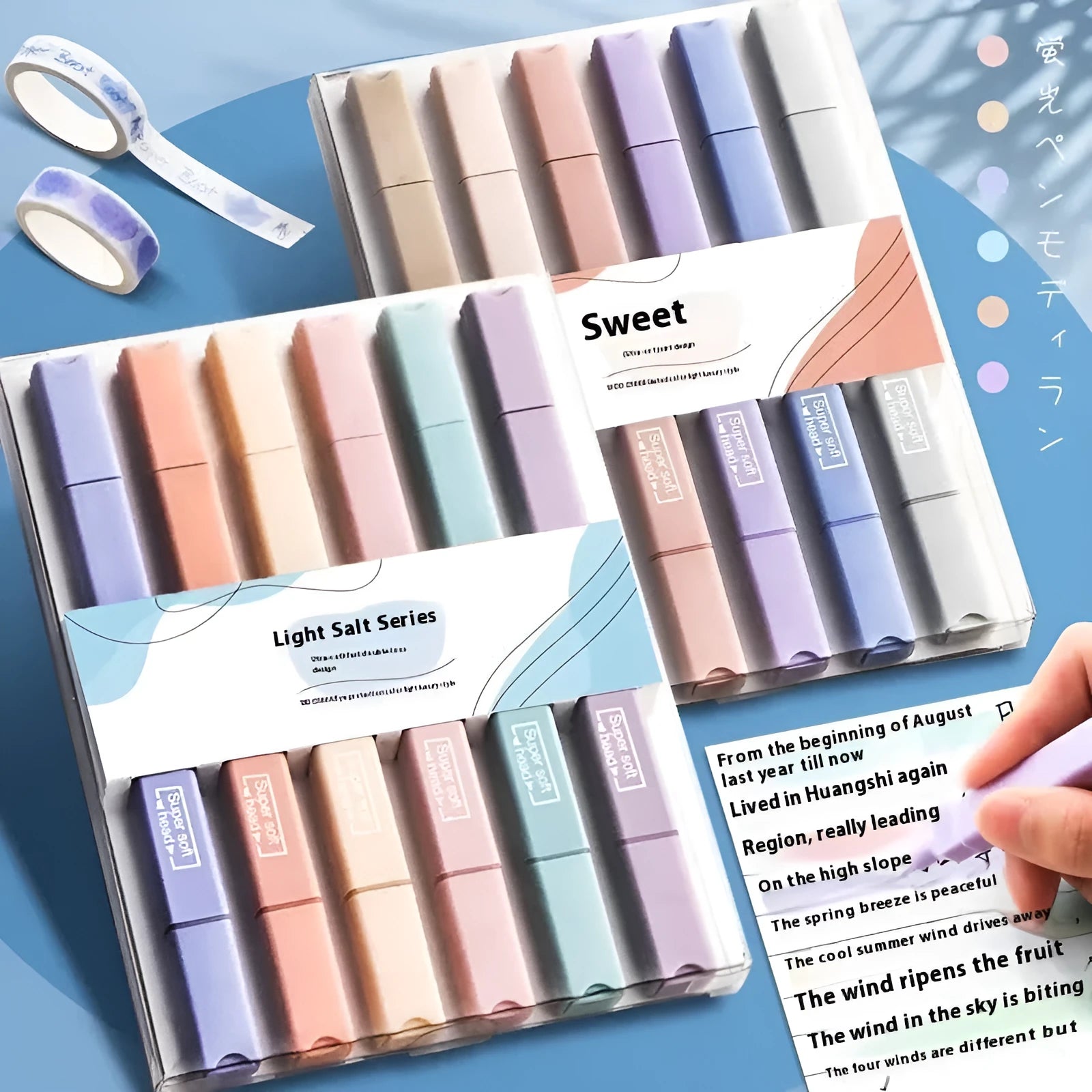 Set of double-ended fluorescent highlighting pens in mixed colours on a white surface.