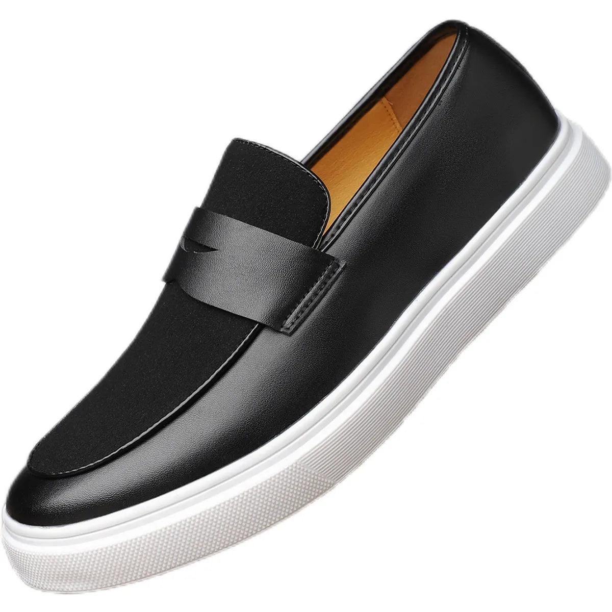 Black men's Gommino slip-on casual shoes with tassel detail and round toe