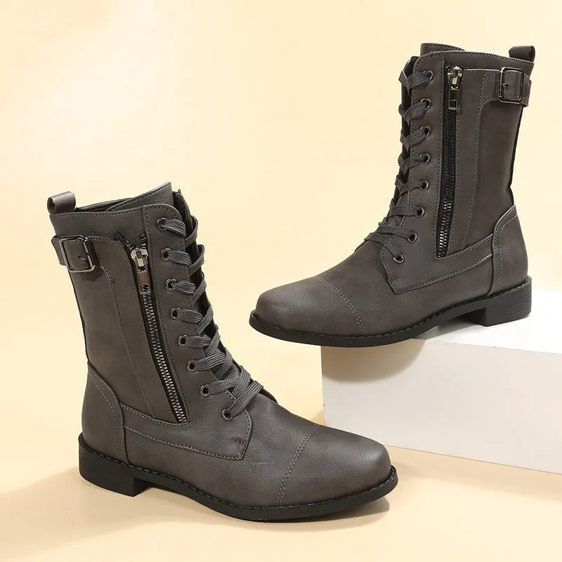 Women's Lace-up Western Boots Cowboy Boots with Side Zipper Martin Boots in Black Brown Grey Rubber Sole Low Heel Breathable Round Toe Thick Heel