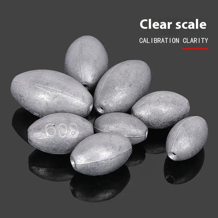 Rugby-shaped olive lead fishing sinker with scale Tongxin pattern, shown alongside weight options from 10g to 150g.