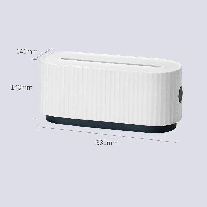 Blue and white HIPS plastic power strip storage box with lid open, showing phone slot and cable holes.