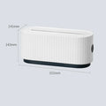 Blue and white HIPS plastic power strip storage box with lid open, showing phone slot and cable holes.