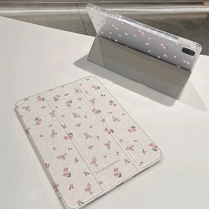 Transparent floral tri-fold tablet case for iPad showing magnetic stand position
