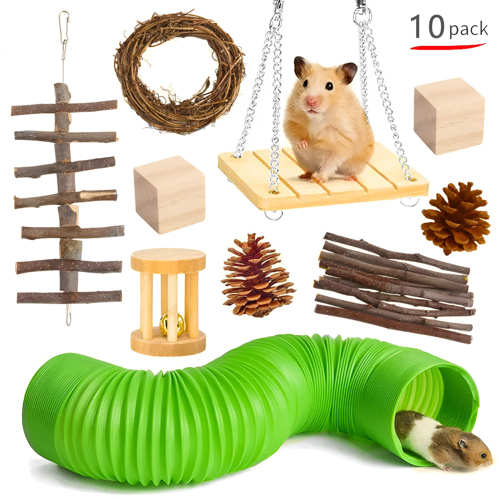 Assortment of natural wooden, straw, and woven toys for small pets including rabbits and parrots.