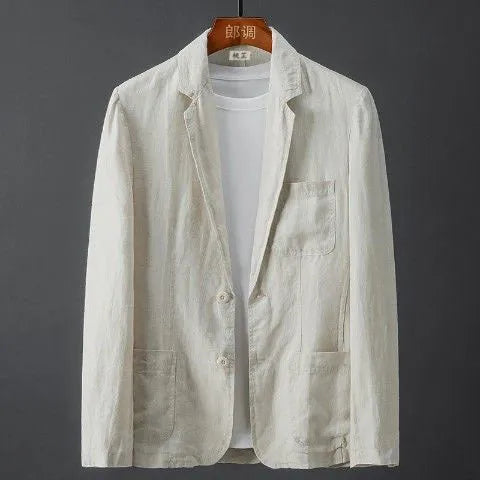 Men's slim fit linen suit jacket in blue with nine-point sleeves on a hanger.