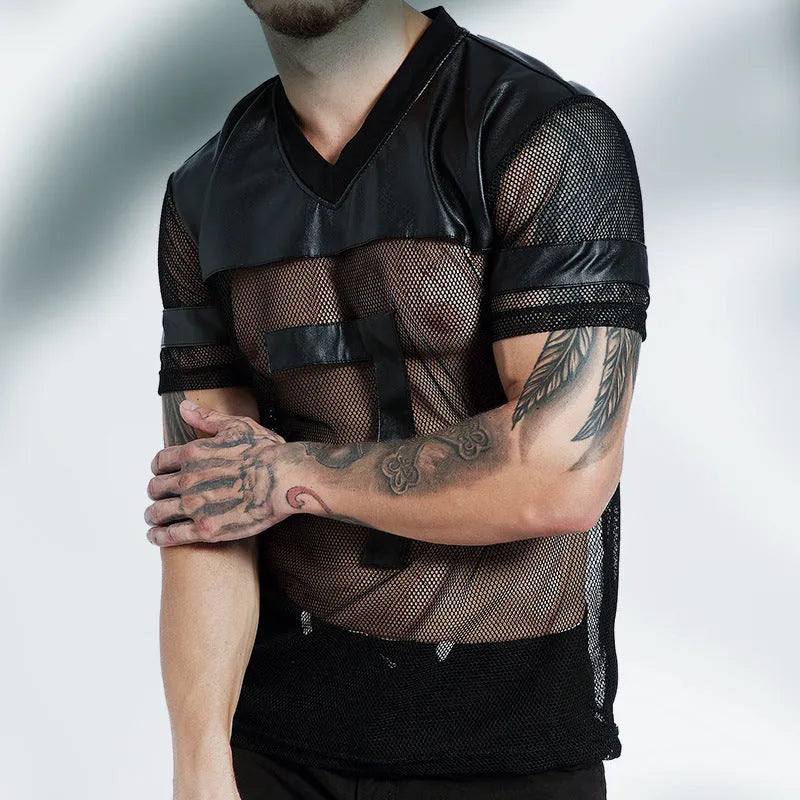Black men's polyester mesh sports T-shirt with V-neck design and short sleeves