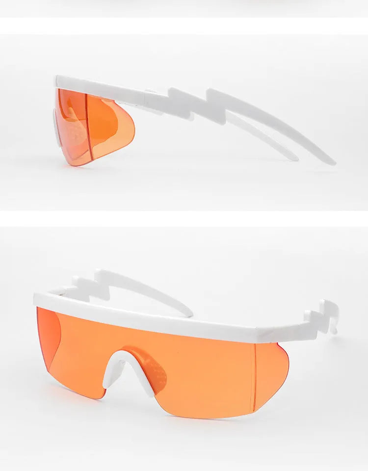 Sports sunglasses with curved foot piece and colourful film options showing UV400 protection