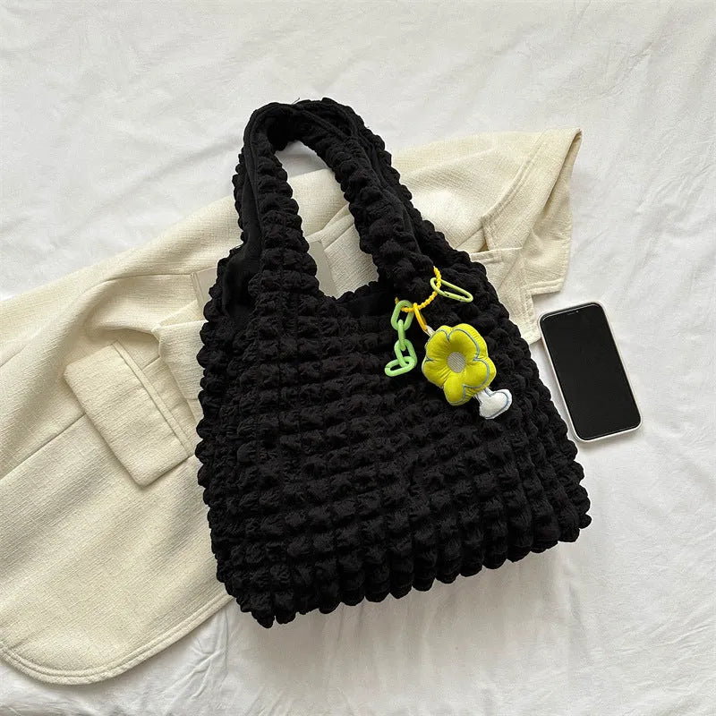 Women's soft polyester pleated bubble crossbody shoulder bag with detachable pendant