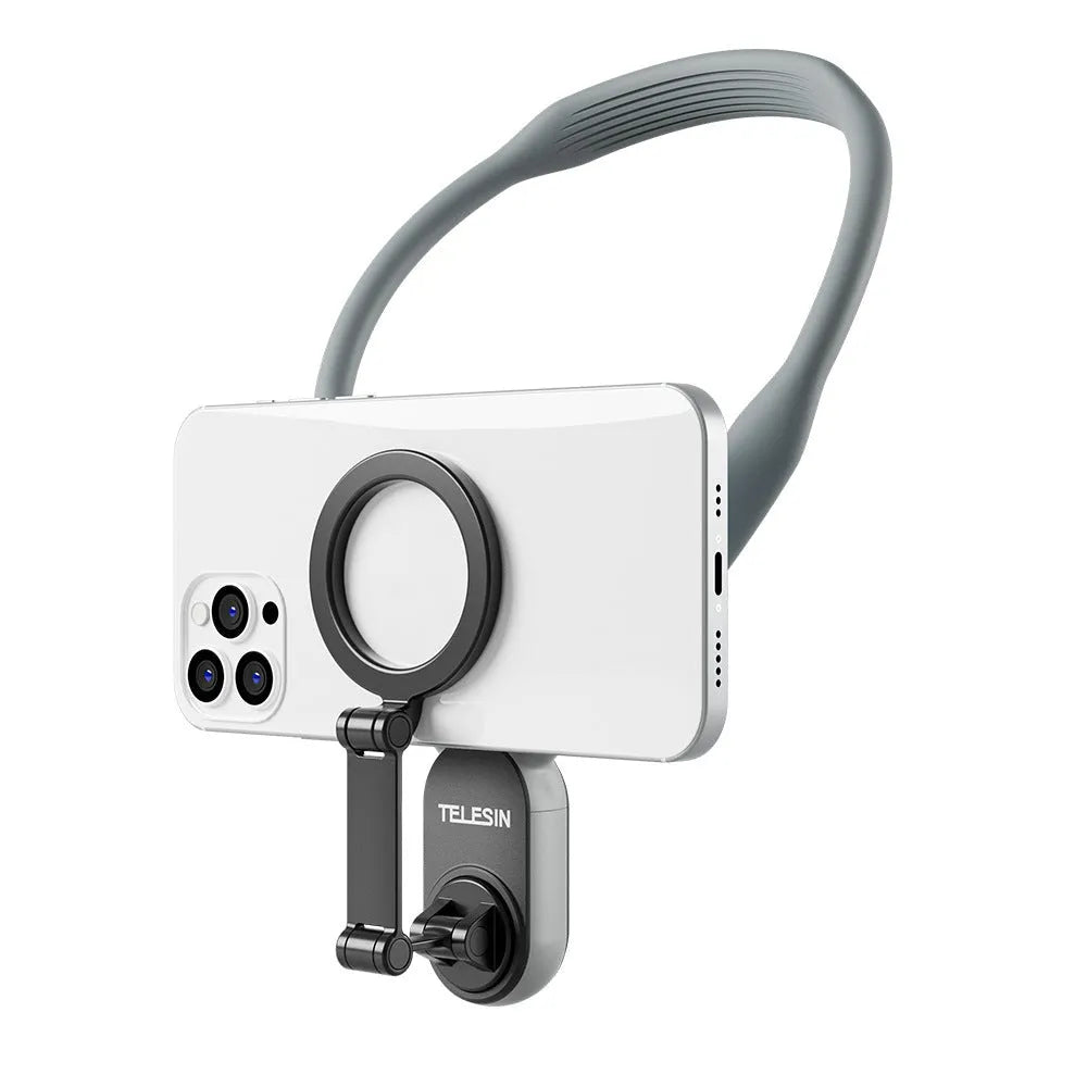 Grey silicone magnetic phone neck mount showing phone attached vertically with anti-release safety rope