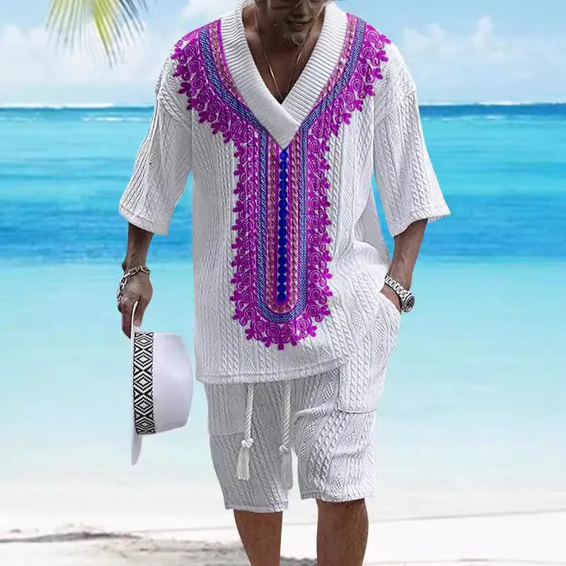 Men's printed drop-shoulder knitted short-sleeved top with matching shorts in chemical fibre blend fabric