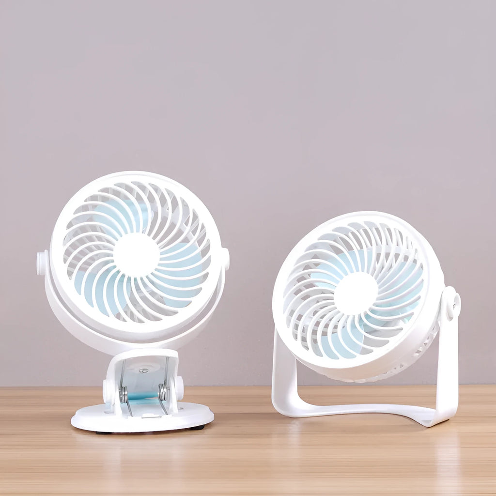 USB-powered portable desk fan showing clip and floor style options with compact design