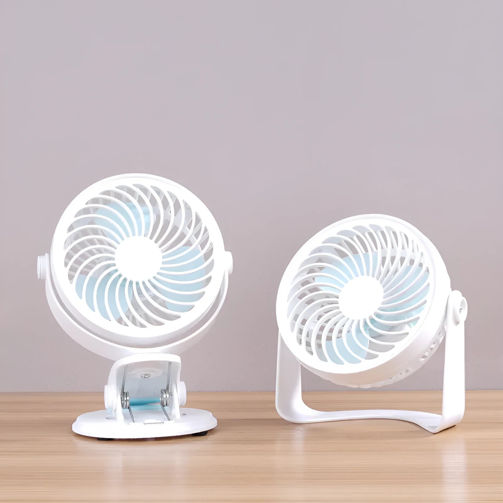 USB-powered portable desk fan showing clip and floor style options with compact design